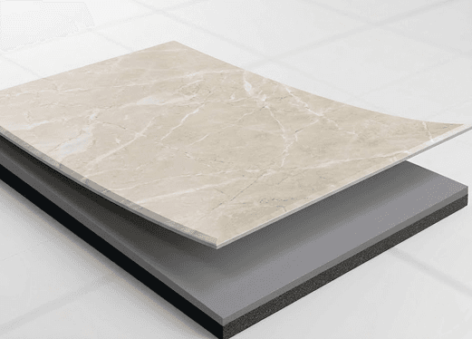Luxury vinyl tile mimicking polished beige stone