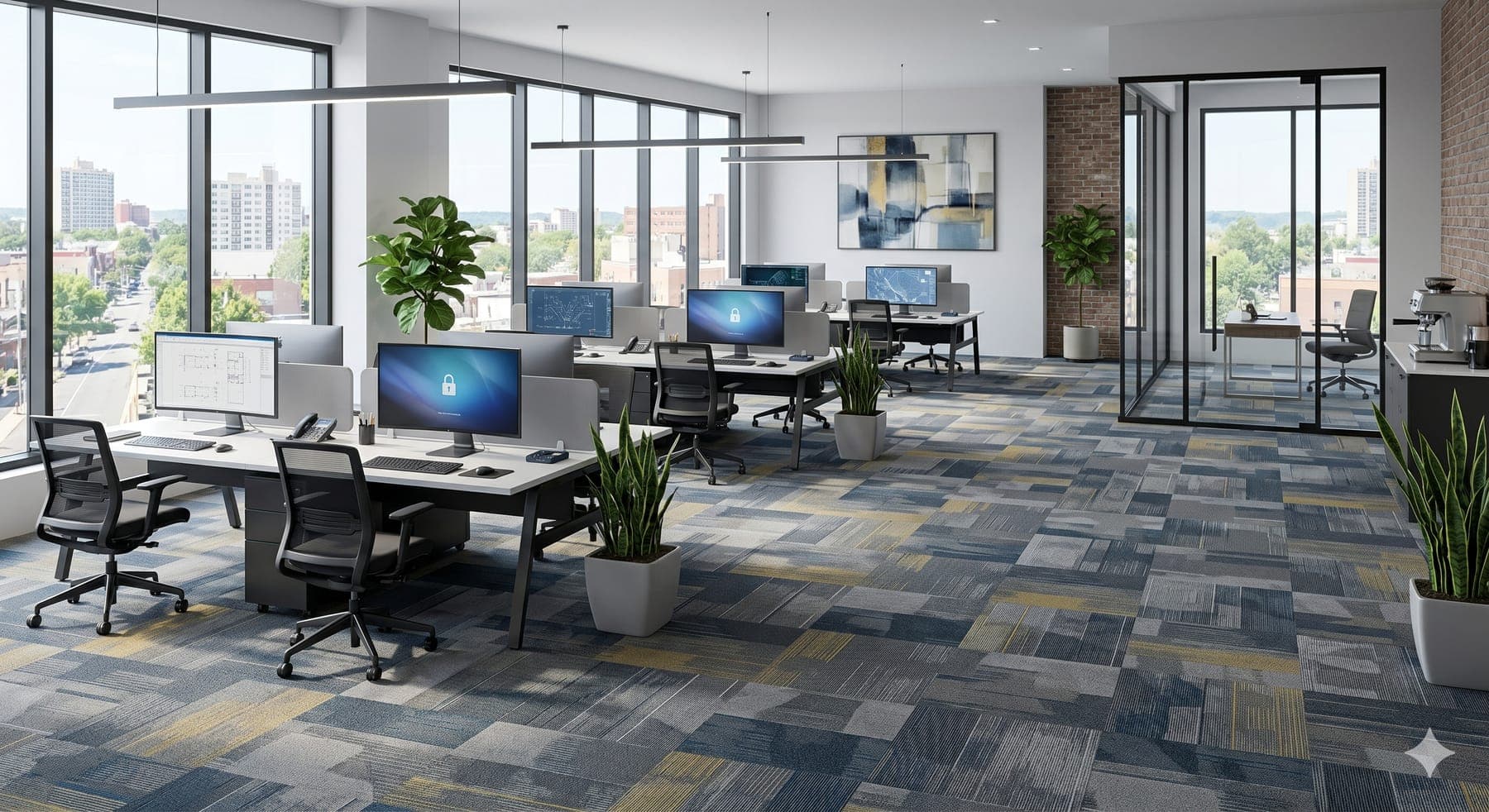 Open-plan office with patterned grey and blue modular carpet tiles