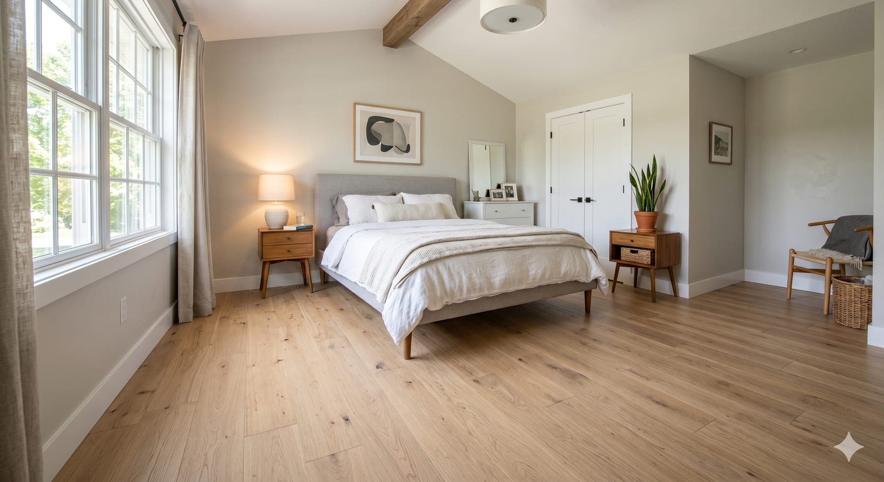 Bright bedroom with light engineered hardwood flooring and exposed ceiling beams