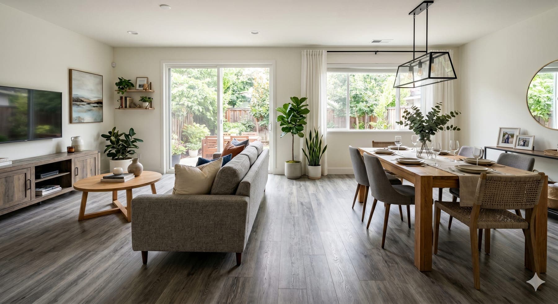Open living and dining area with wood-look luxury vinyl plank flooring and garden doors
