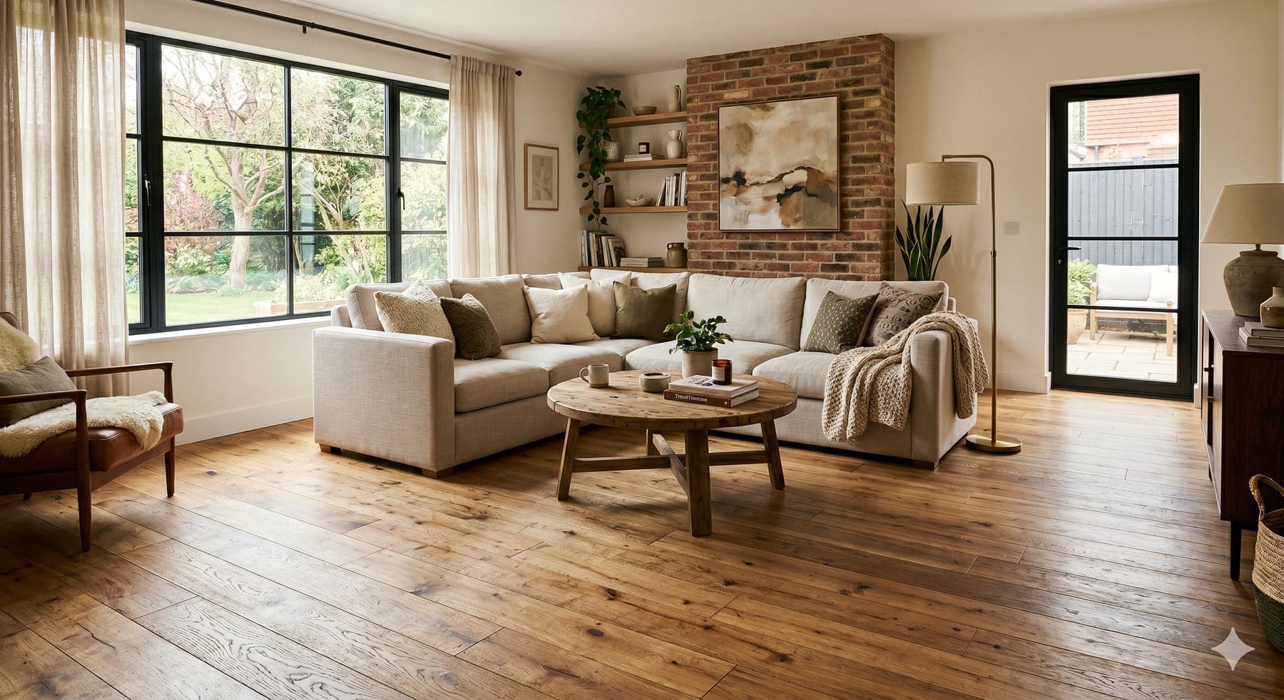 Living room with wide-plank solid hardwood flooring in a warm natural oak finish