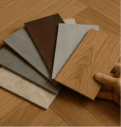 Hardwood flooring samples in various wood species and finishes laid out for a client